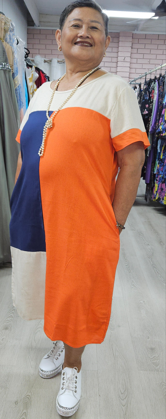 Linen Blend Block Dress