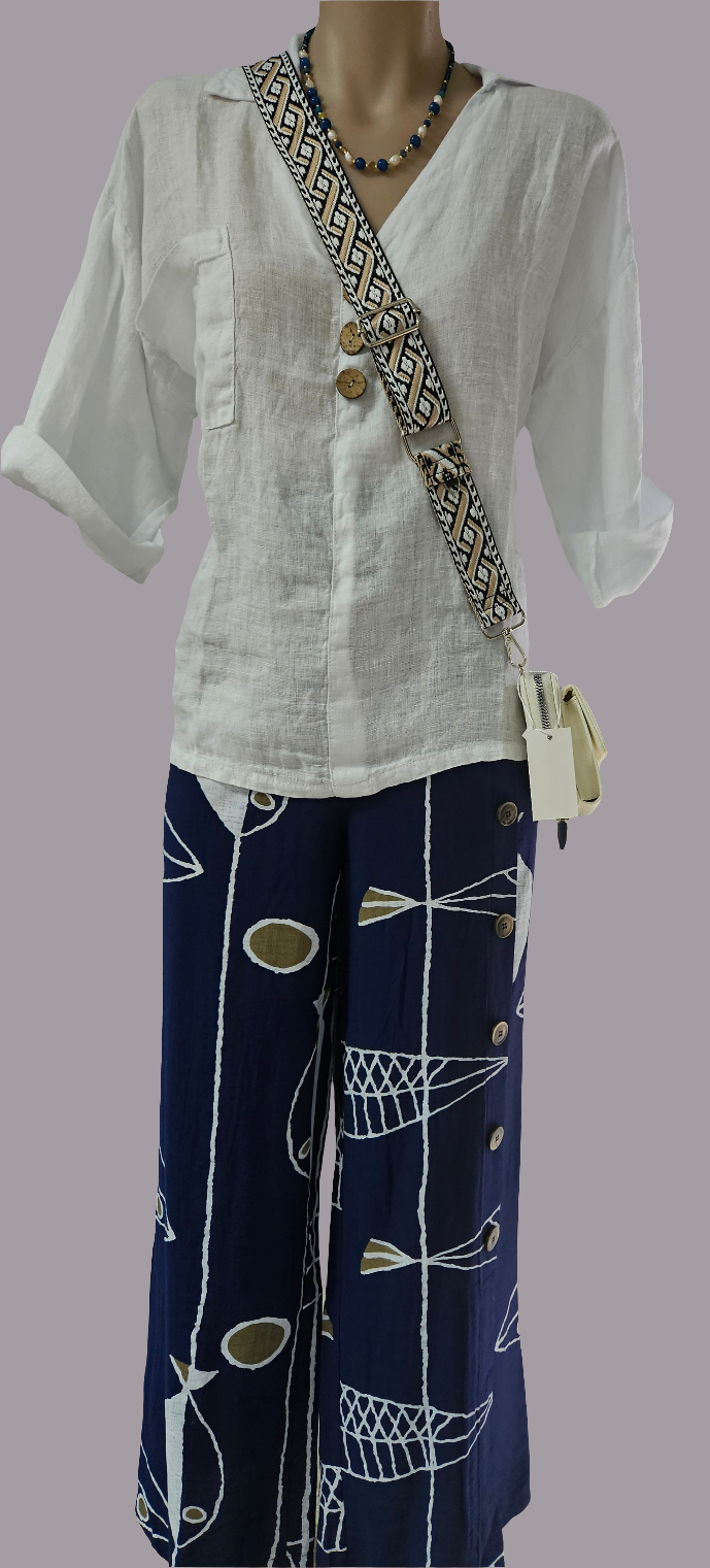 Navy Print Linen Blend Pants