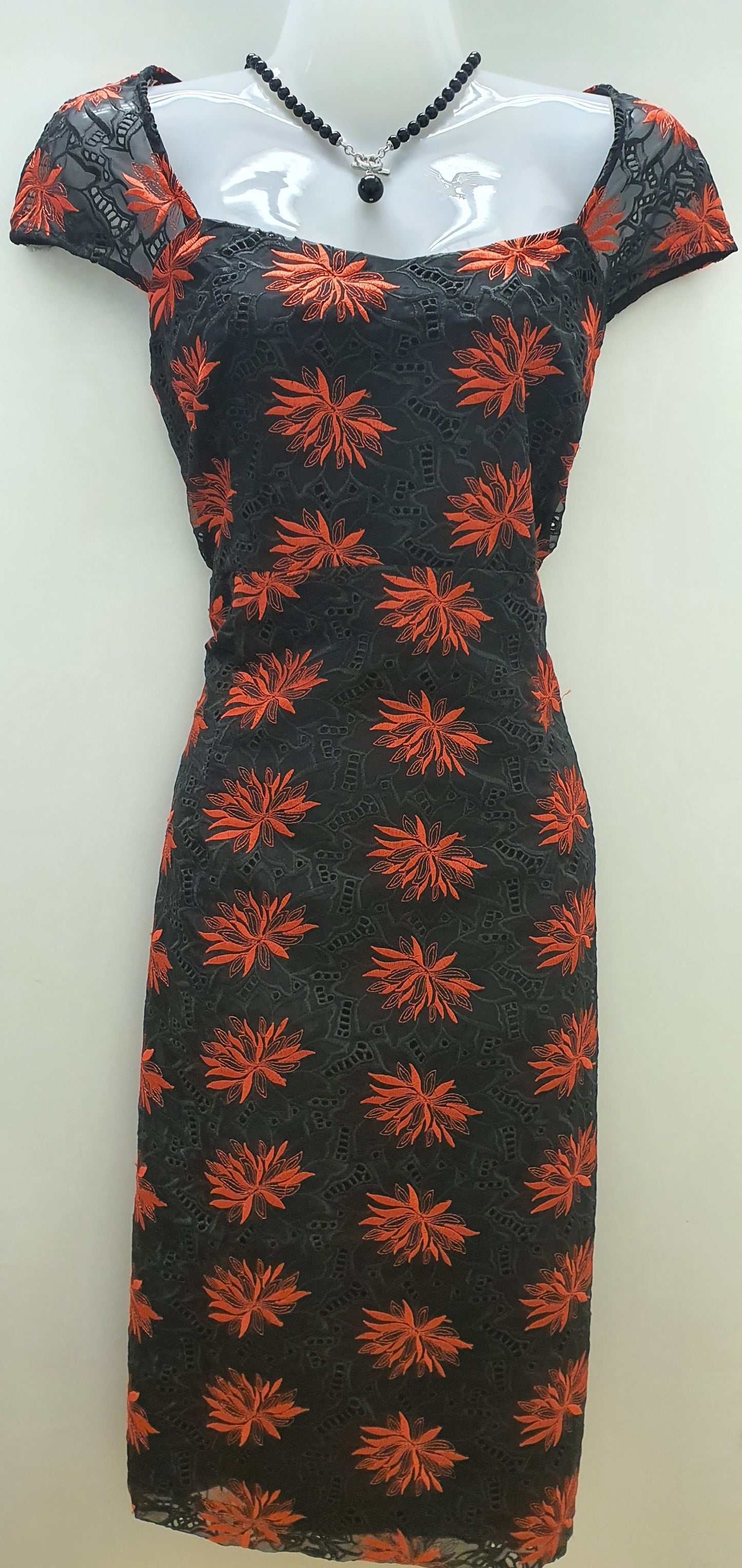 Black Lace with embroidered Red Flower Dress