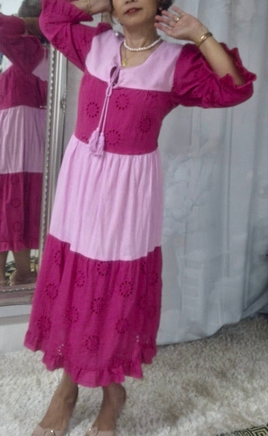 100% Cotton 2 Tone eyelet embroidered Pink Dress