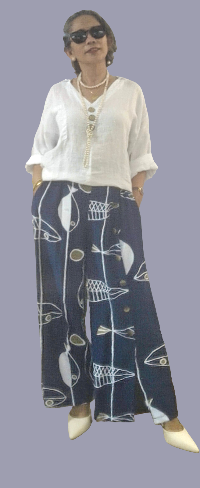 Navy Print Linen Blend Pants