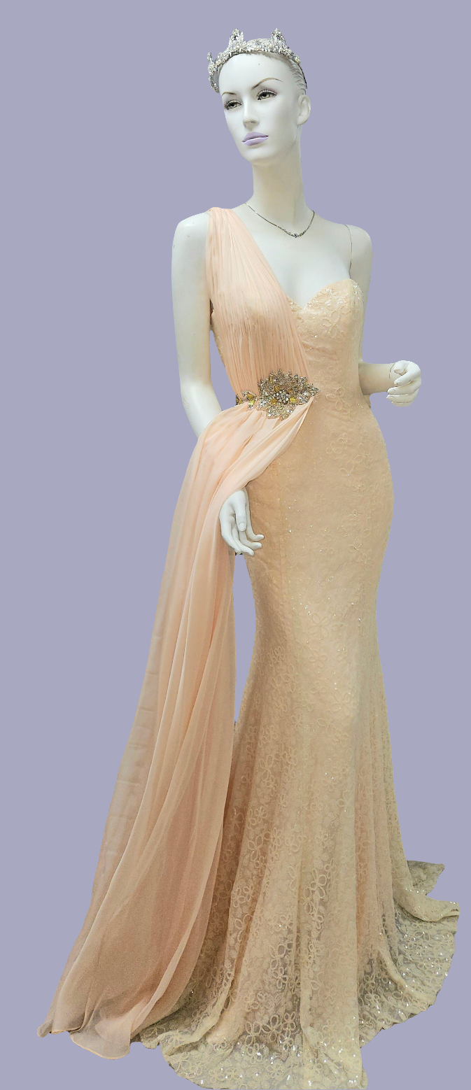 One Shoulder Pink Salmon Formal Dress