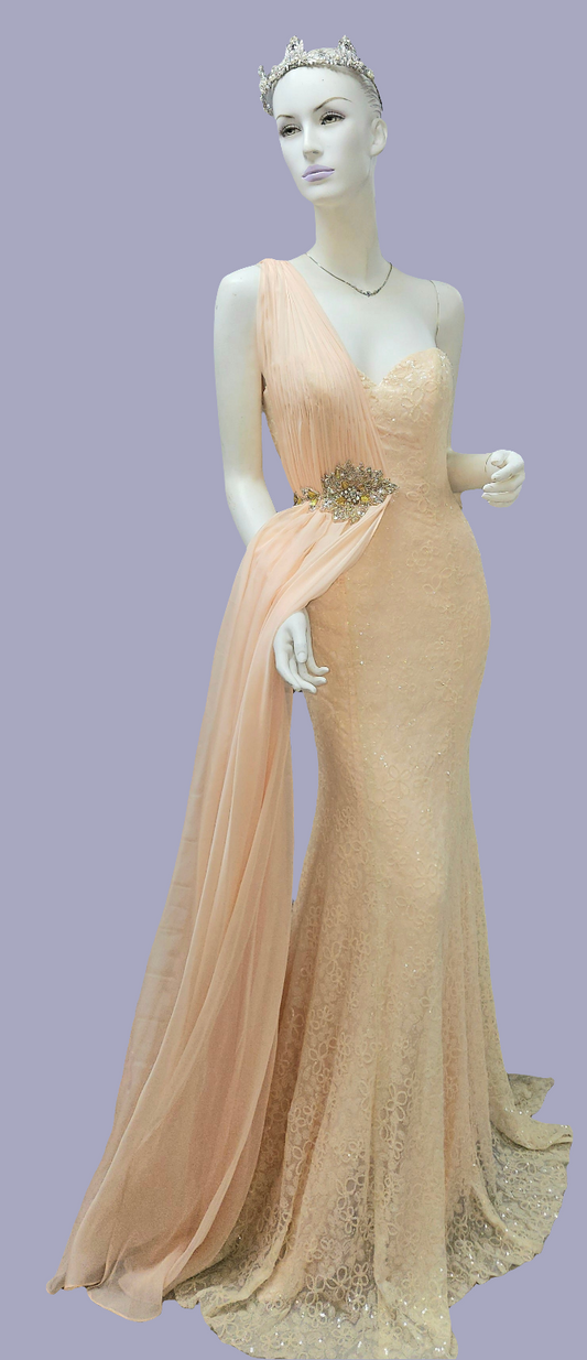 One Shoulder Pink Salmon Formal Dress