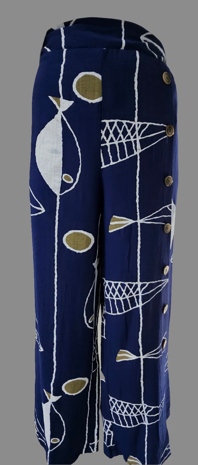 Navy Print Linen Blend Pants