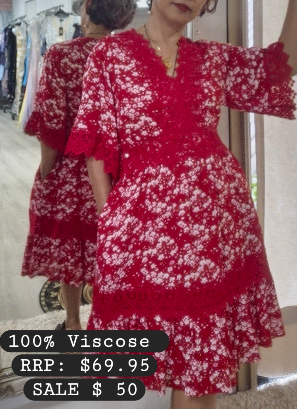 Red floral Print Dress with Lace Trim