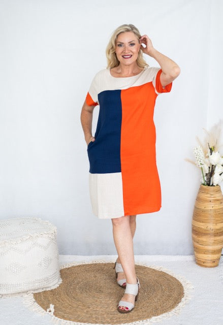 Linen Blend Block Dress