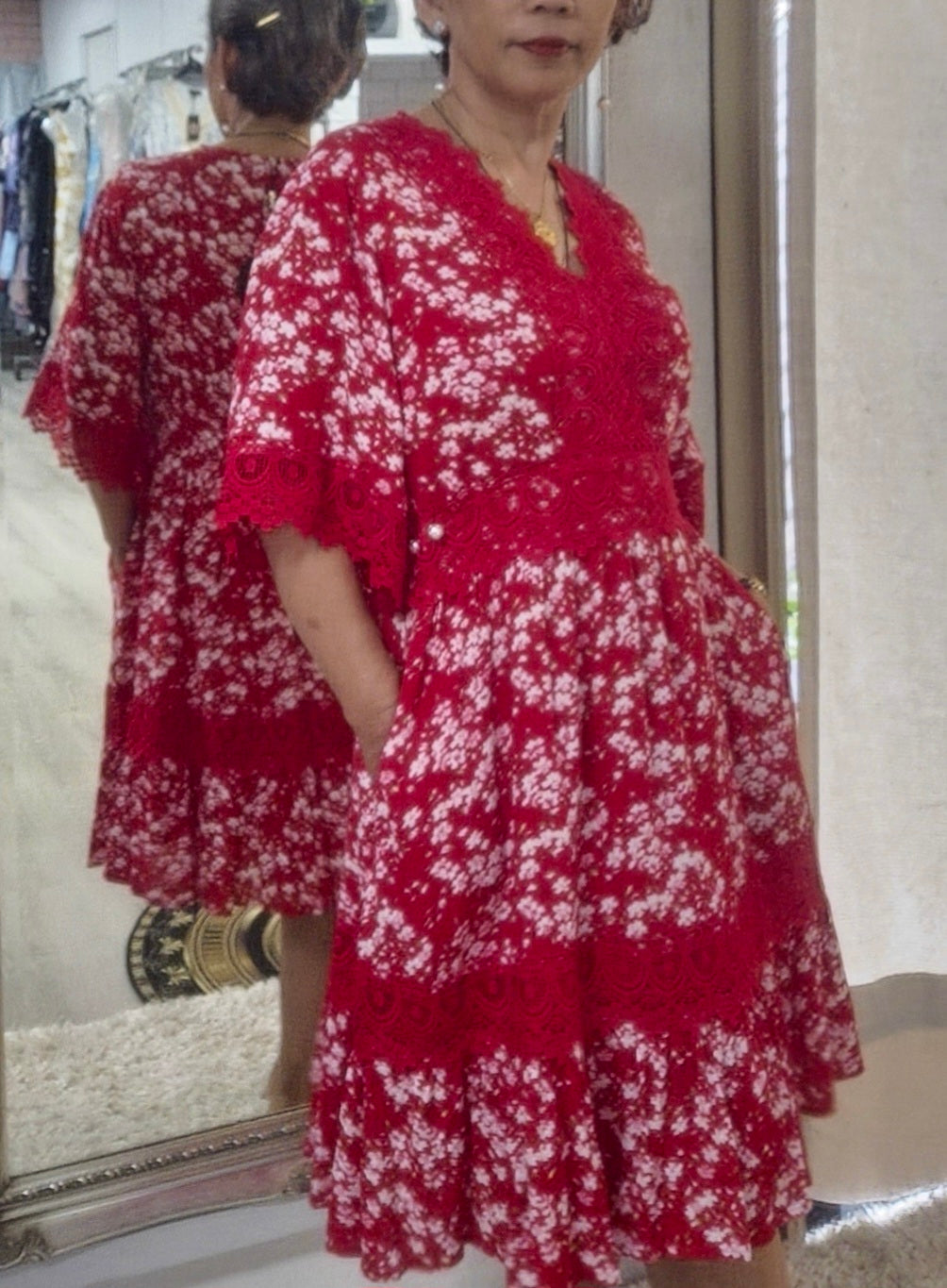 Red floral Print Dress with Lace Trim